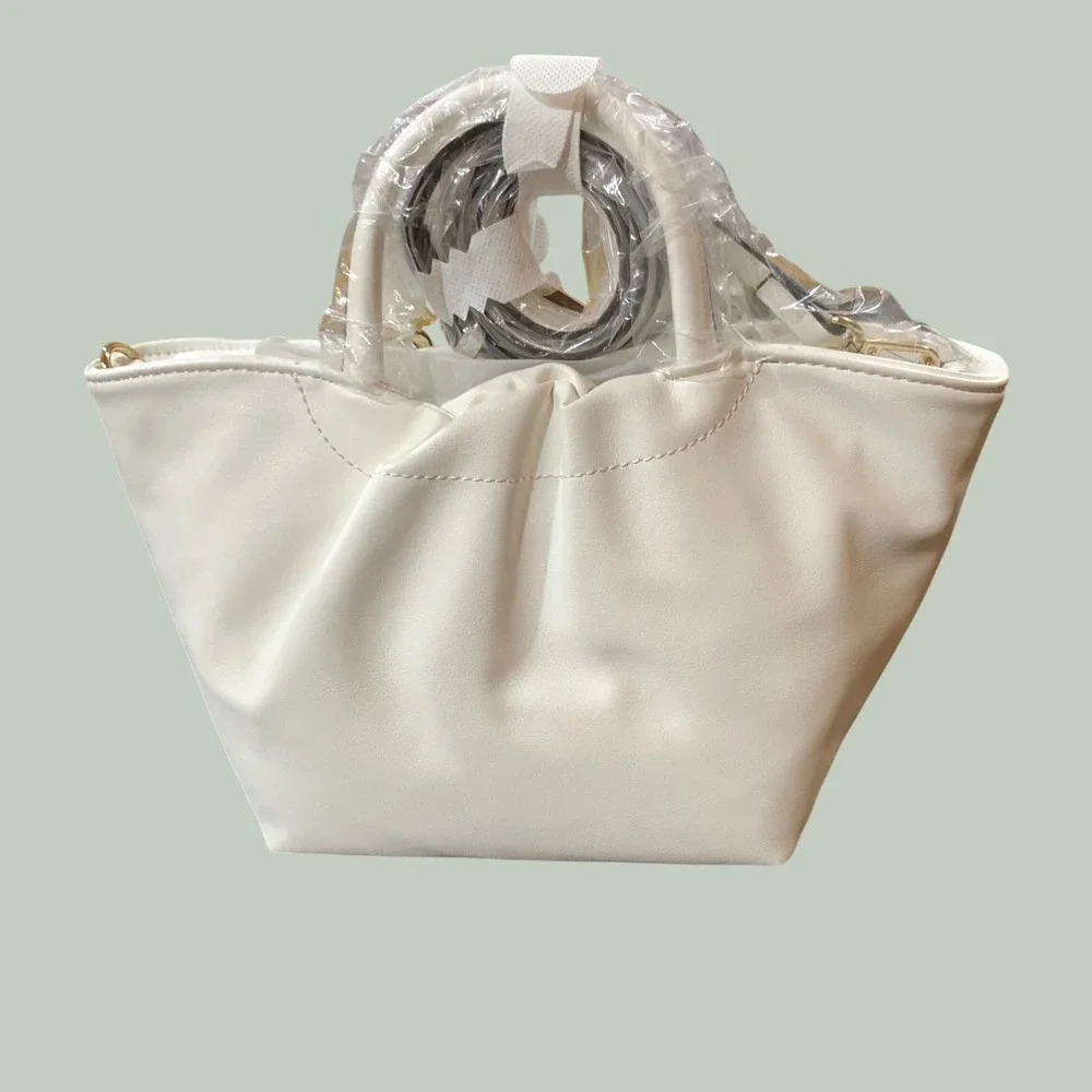 Nine West Ruched Satchel Crossbody Bag White Faux Leather Gold Hardware NWT